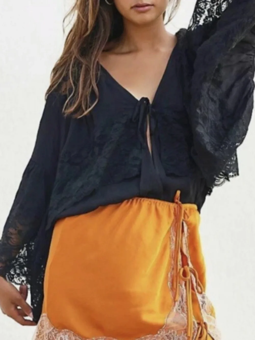 Free People Tiers Not Tears Black Lace Wide Sleeve Bodysuit NWOT Size S